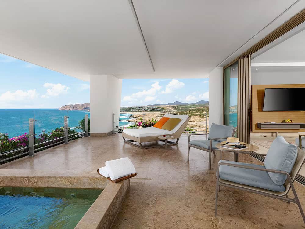 Desert and ocean views from a Grand Class Corner Suite with Plunge Pool at Grand Velas Los Cabos
