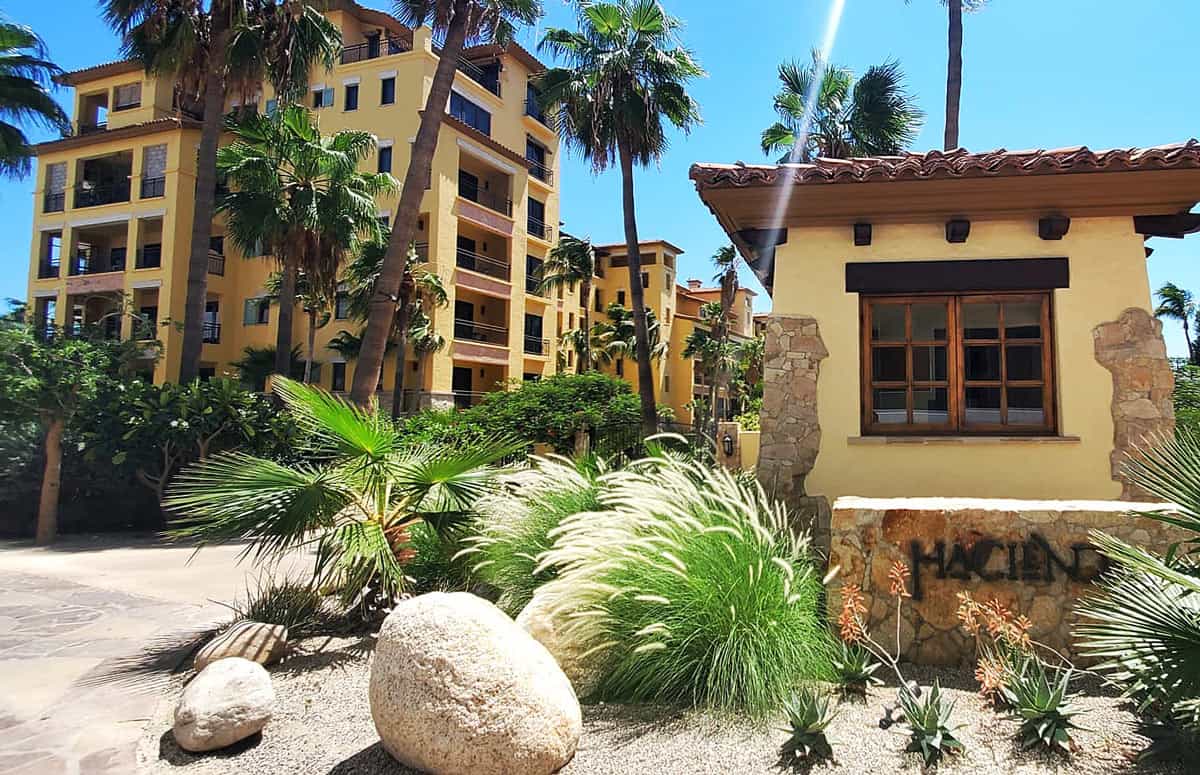 Gold-colored Hacienda Beach Club buildings