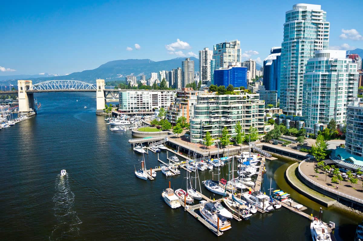 Vancouver skyline with high-rise buildings and a water inlet