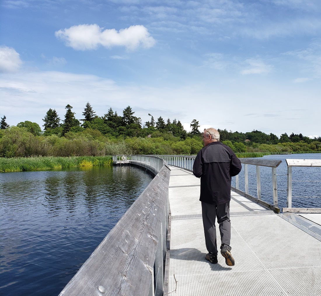 Man walks across the floating bridge at Swan Lake