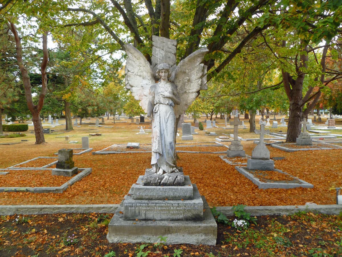 A serene angel of resurrection watches over Ross Bay Cemetery’s historic graves.