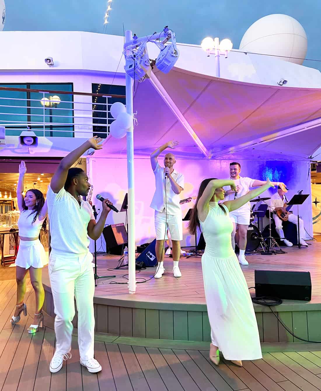 Azamara's entertainers (dressed in white) brought infectious energy to the White Night celebration.
