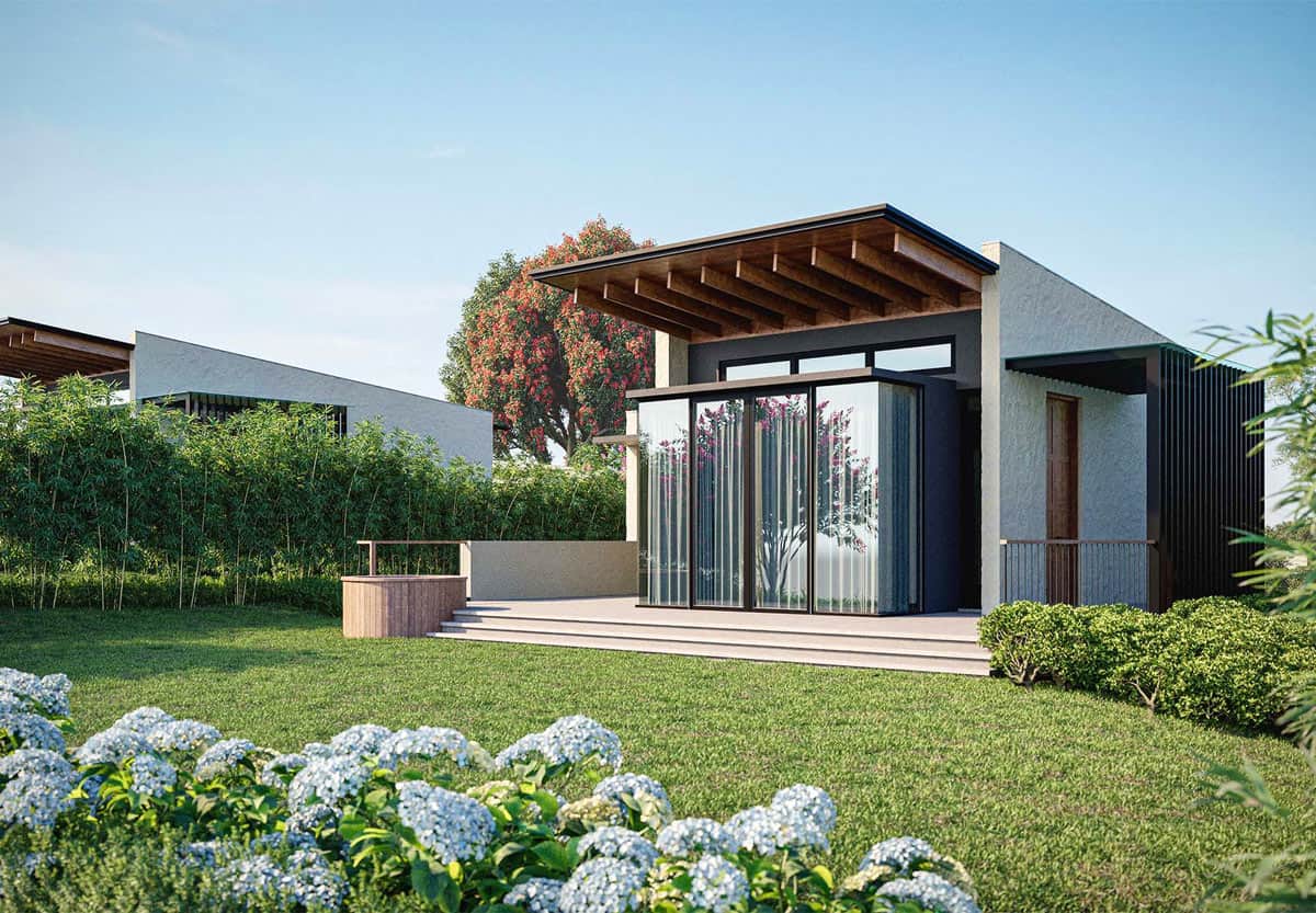 Modern private villa at the new Uga Ghiri in Ella, Sri Lanka, surrounded by lush gardens and flowering hydrangeas